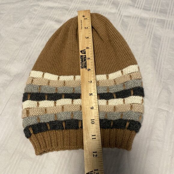 Women’s Classic 100% ALPACA Justin Hazelnut Camel Gray Striped Beanie Hat - Picture 5 of 9